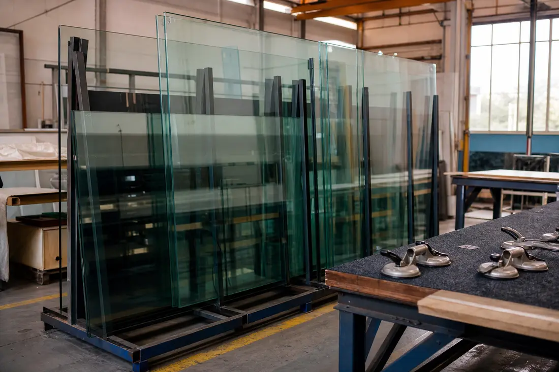 Glasscheiben aus Sicherheitsglas aufrecht gelagert in einer Glaserei-Werkstatt vor dem Zuschnitt
