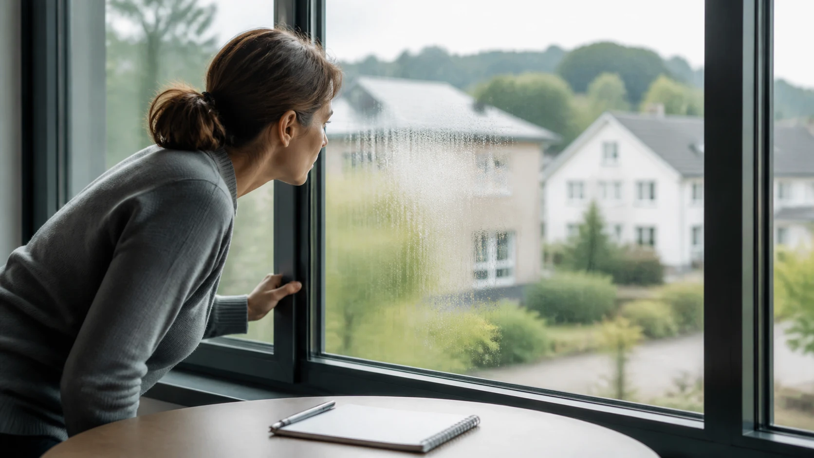 Ein Bewohner führt an einem Küchentisch ein kurzes Fensterprotokoll mit einfachen Spalten