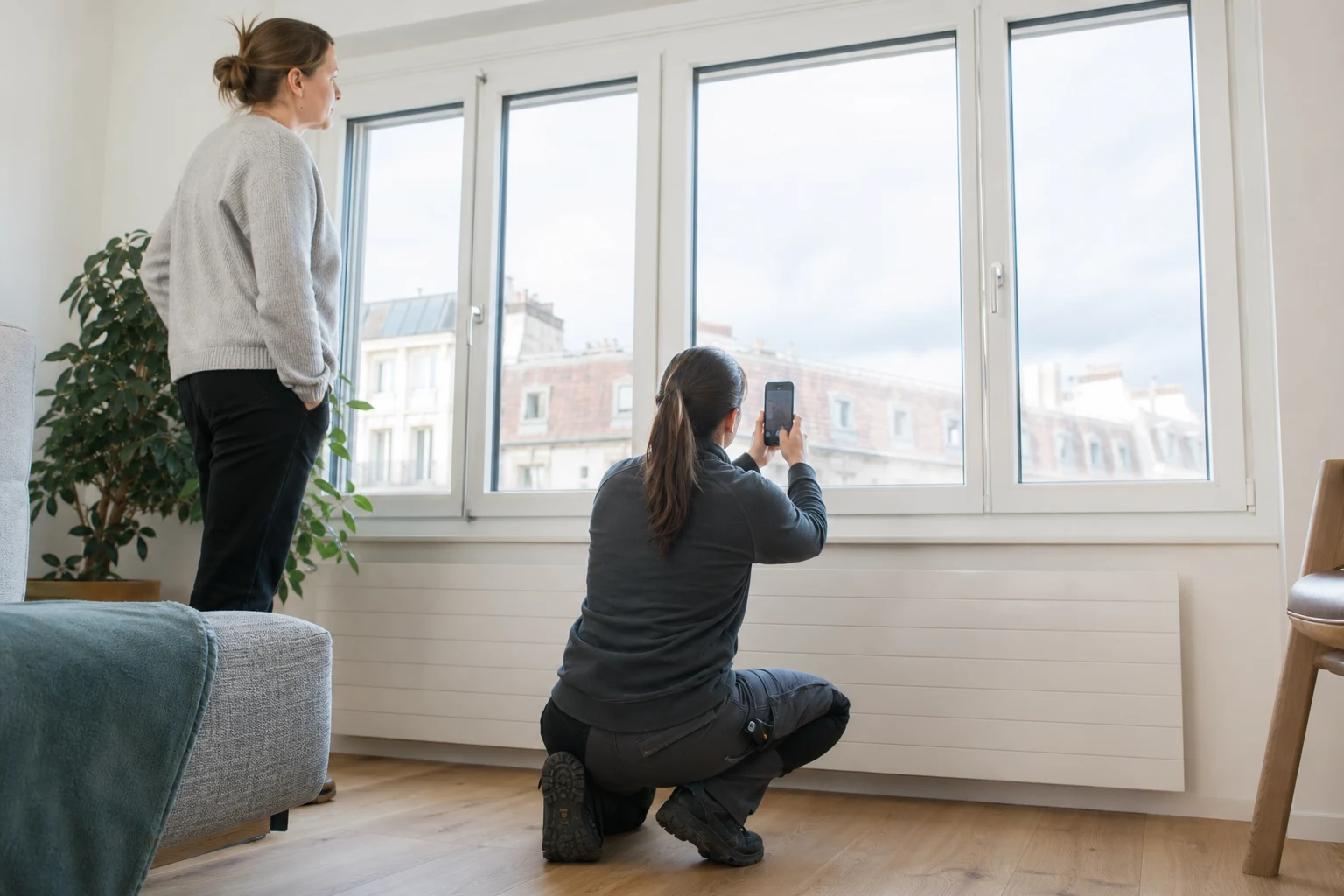 Ein Smartphone zeigt sichere Übersichtsfotos eines Fensters mit neutralen Bildunterschriften