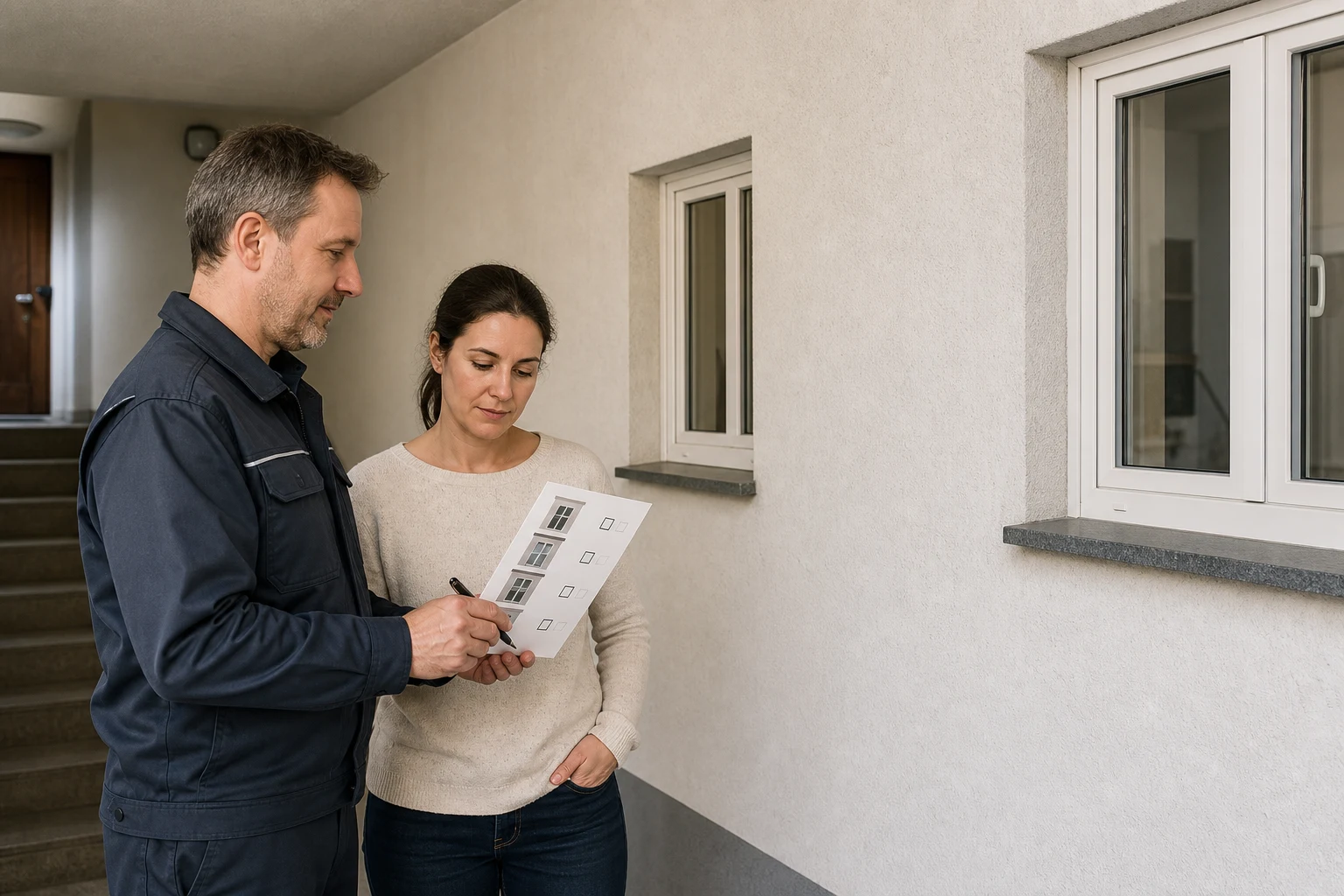 Eine Person markiert zwei Fenster auf einer neutralen Wohnungsskizze, ohne private Details