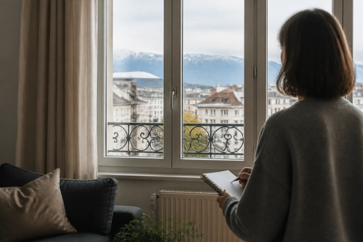 Eine Mieterin dokumentiert aus sicherer Entfernung einen Glasschaden an einem Fenster in einer hellen Schweizer Wohnung.