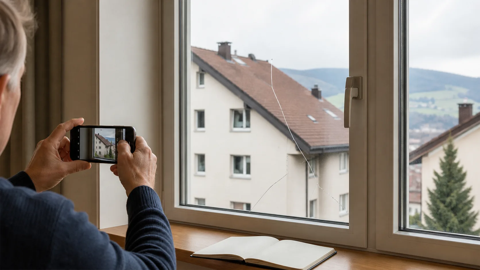 Ein Smartphone zeigt eine neutrale Übersichtsaufnahme eines Fensters, während ein Notizblatt Raum und Datum festhält.