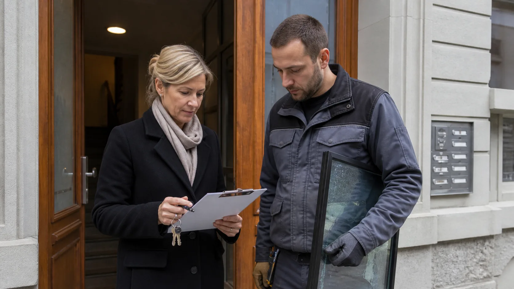 Eine Verwaltung, ein Mieter und ein Glaser stimmen Zugang und Termin an einem Mehrfamilienhaus in der Deutschschweiz ab.