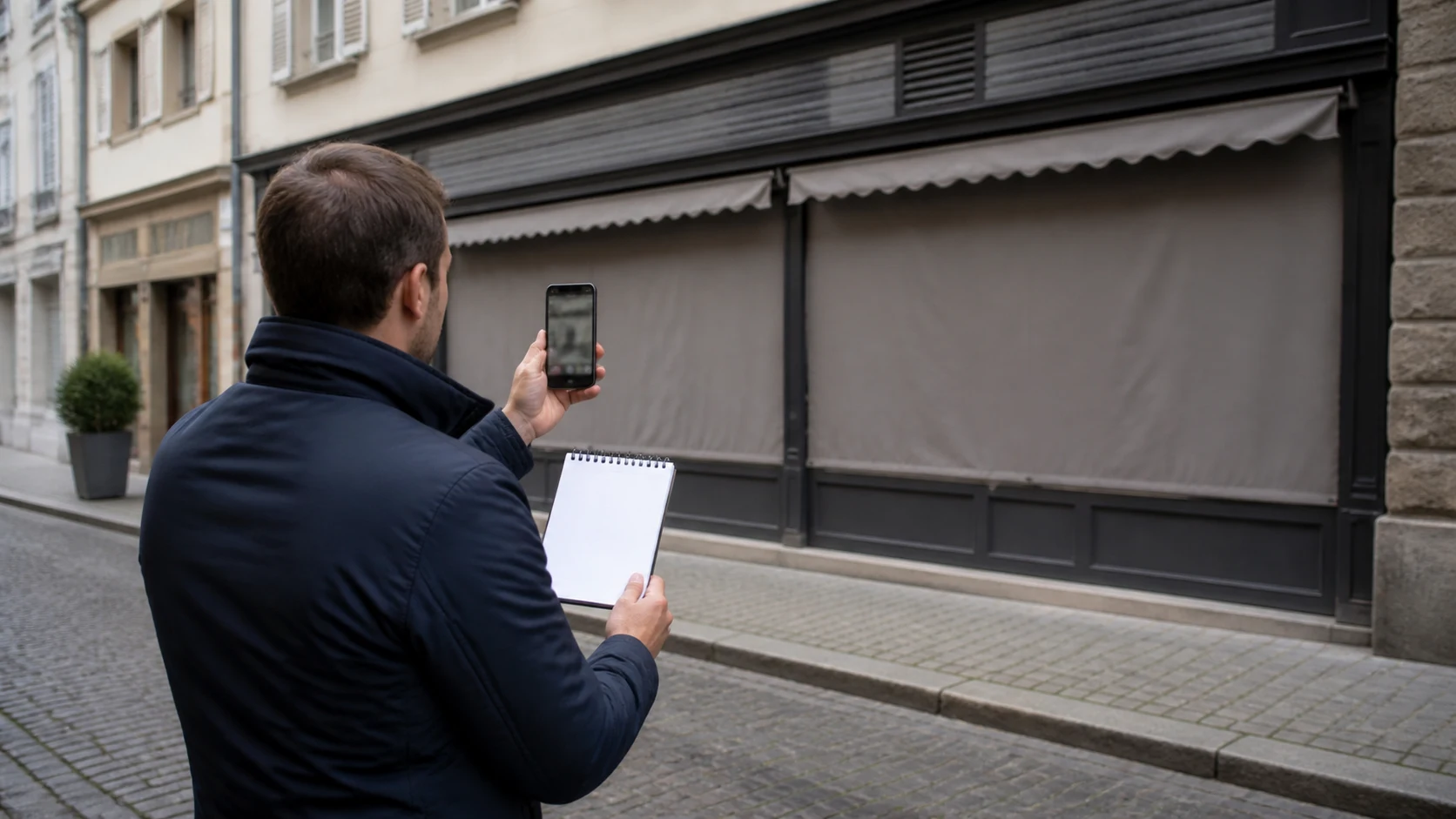 Geschäftsperson dokumentiert eine Ladenfront aus normalem Abstand mit Notizen