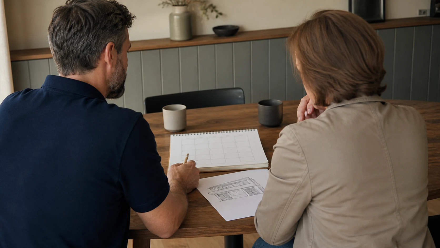 Betriebsverantwortliche und Fachperson stimmen einen Ersatztermin an einem Tisch ab