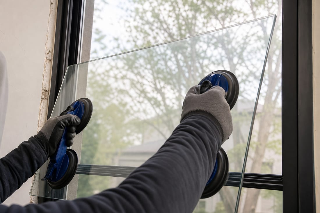Beispiel: Einsetzen einer neuen Glasscheibe mit Saugnäpfen